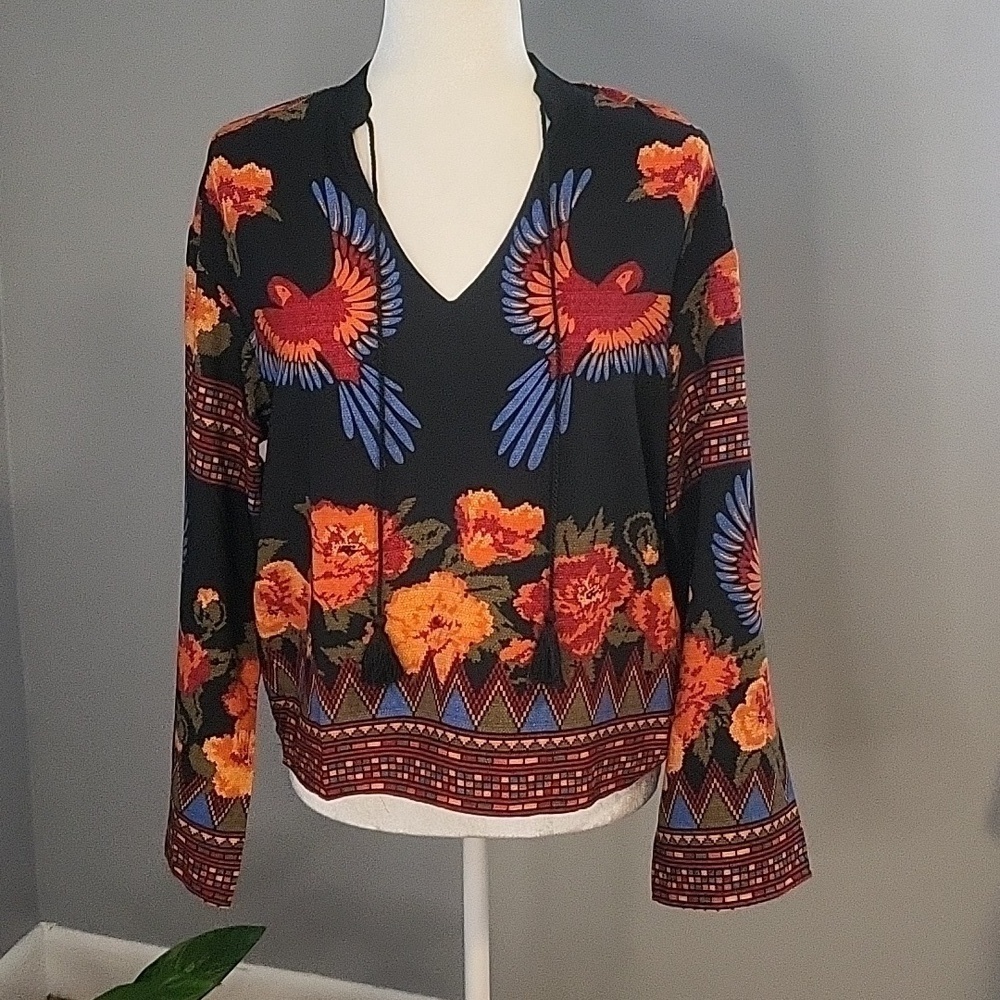 Rachel Zoe Black Red and Orange Polyester V-Neck Floral Top - Size XS